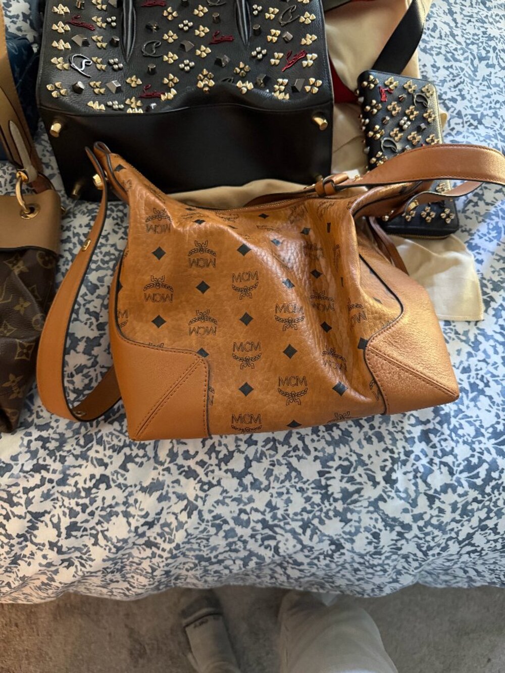 MCM Visetos Cognac Hobo Bag Coated Canvas Leather Corners